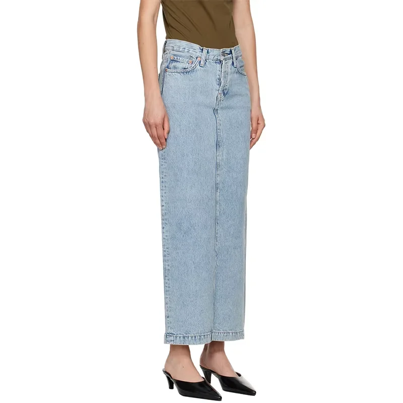 European Chic Blue Faded Button Fly Split Slim Midi Jeans Skirt Retro High Waist Casual Denim Pencil Skirt For Lady