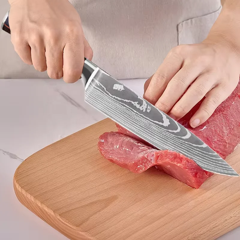 8pcs Kitchen Chef Knives Set 8 inch Japanese 4CR13 High Carbon Stainless Steel Damascus Laser Pattern Slicing Santoku Tool