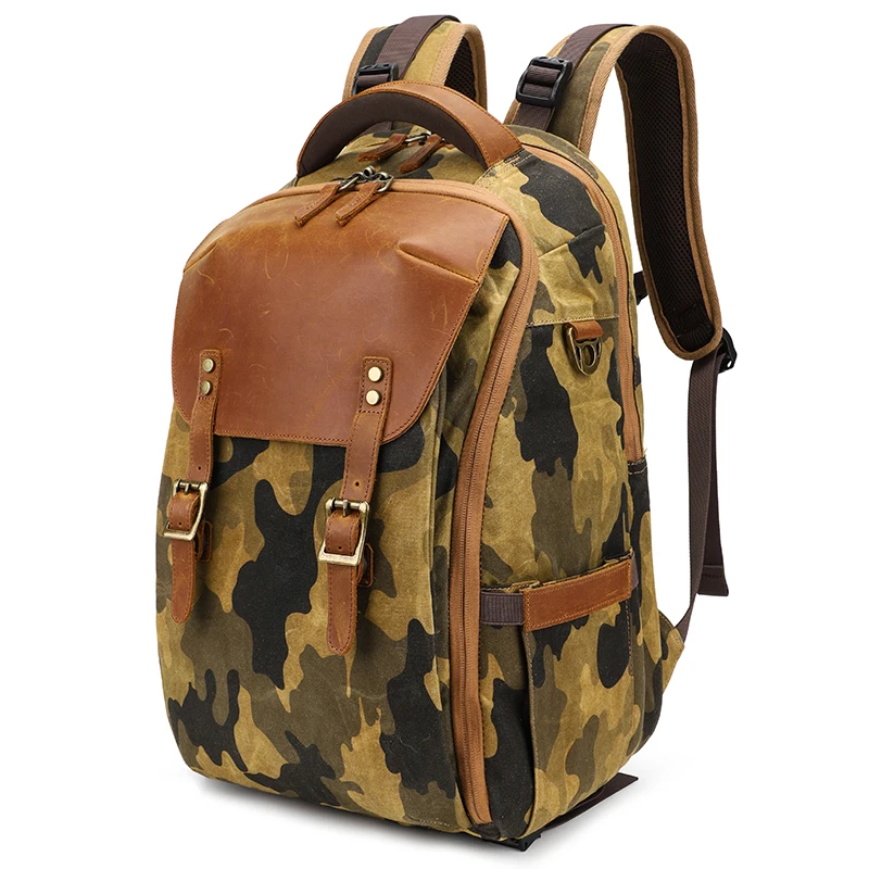 Waxed Canvas Leather Camo Camera Back Pack Large Digital DSLR SLR Camouflage Camera Backpack for Photographers