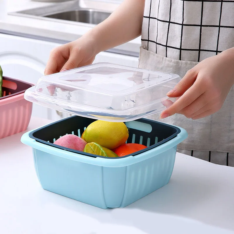 Household Square Multi-functional Wash Double-layer Vegetable And Fruit Kitchen Drain Basket