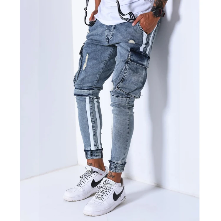 
Custom Striped Men Jeans Vintage Blue Denim joggers Men Cargo Pockets Tape Jeans for Men 