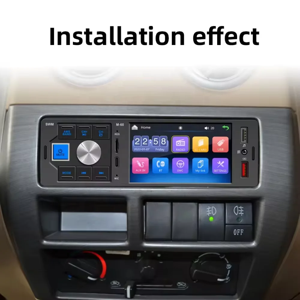 Model M-60 1DIN Auto Radio Car MP5 Player 4-Inch Touch Screen FM/AM Wave Band Dual Type C Bluetooth Hands-Free Reverse Camera