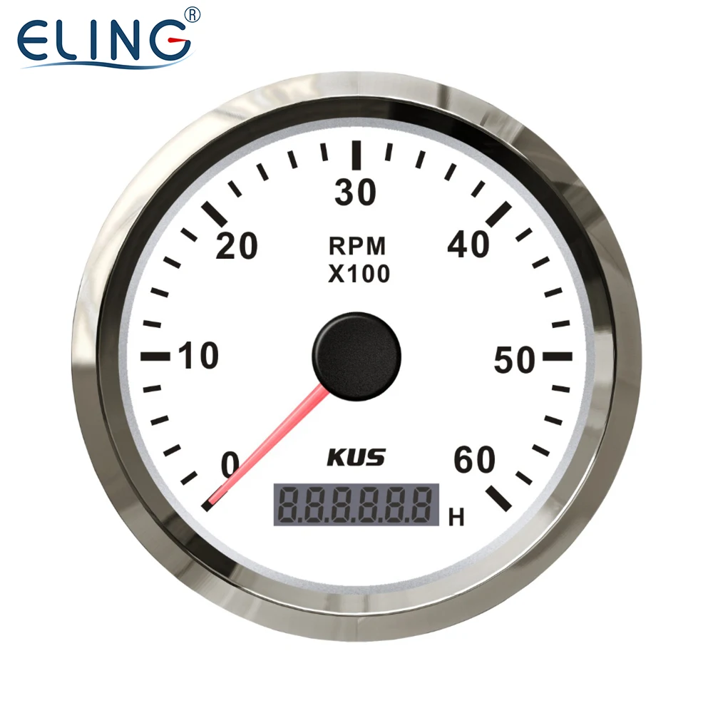 KUS Tachometer RPM Gauge REV Meter with Hour Meter 0-6000RPM 85mm 12V/24V with Backlight