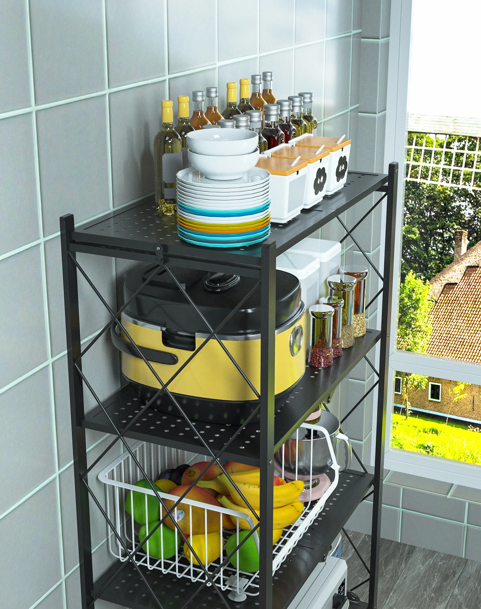 Multi-layer Folding Kitchen Display Shelf Foldable Kitchen Storage Rack Floor Type Rack Kitchen Organizer Rack