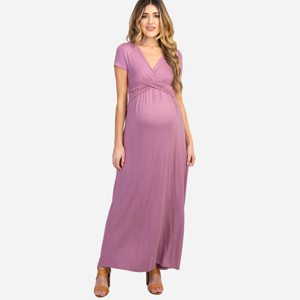 Draped V Neckline Soft Model Jersey Nursing Maxi Dresses Maternity