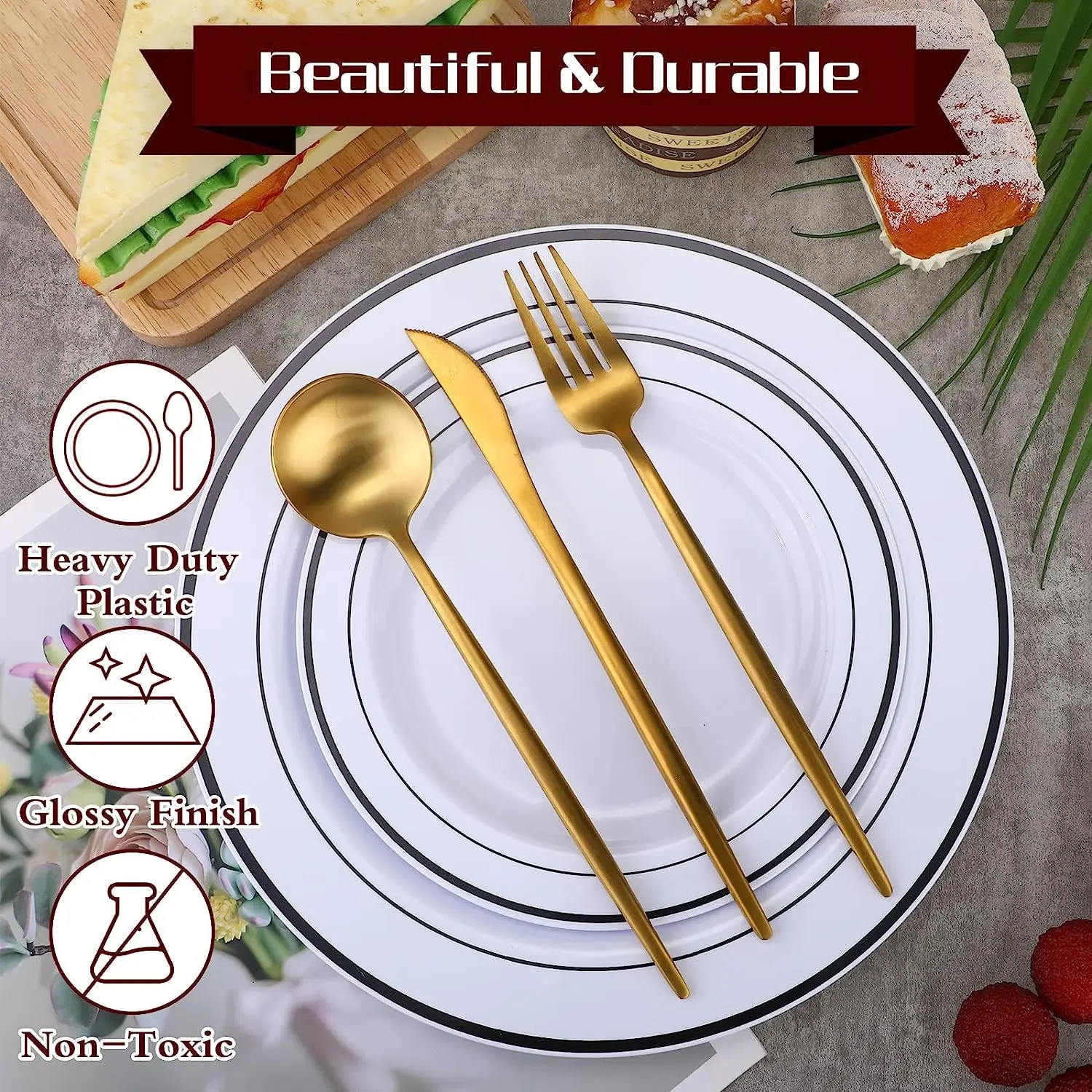 Round Disposable Dinnerware Set  heavy duty Salad plates and dessert plates dishes  with rim for party supplies