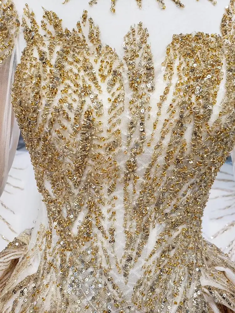 HTL871 Jancember Long Sleeve Lace Wedding Gown With Long Train Golden Heavy Beaded Vestido De Noiva