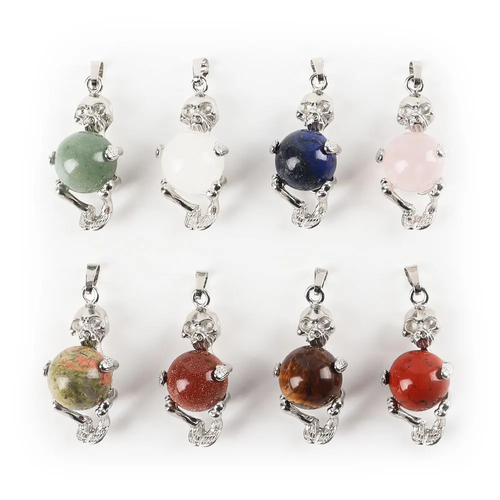 Wholesale Silver Skeleton Wrapped Round Ball Gemstone Healing Crystal Pendant Necklaces