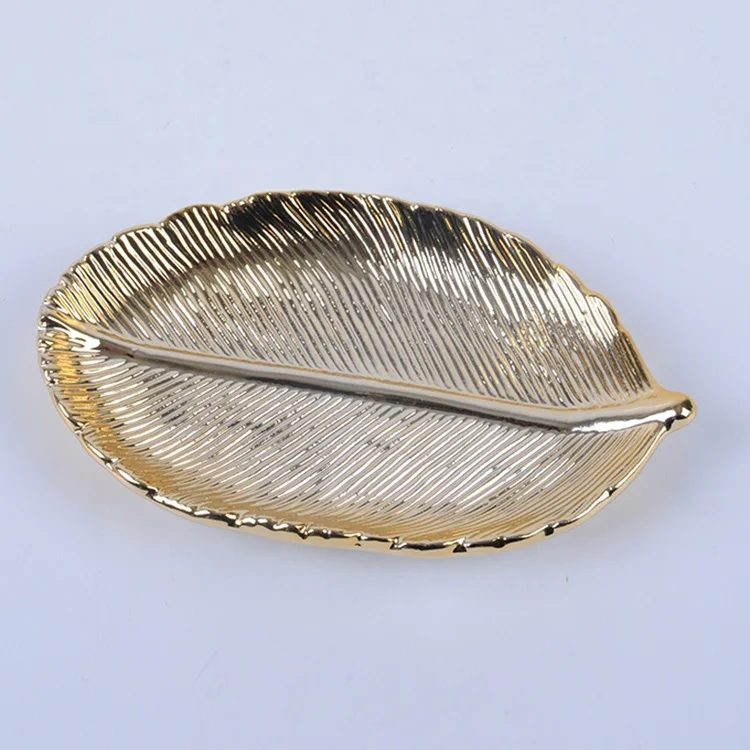 Exquisite White Gold Leaf Ceramic Jewelry Ring Dish Tray - Home Decorative Trinket Organizer with Premium Glaze Finish
