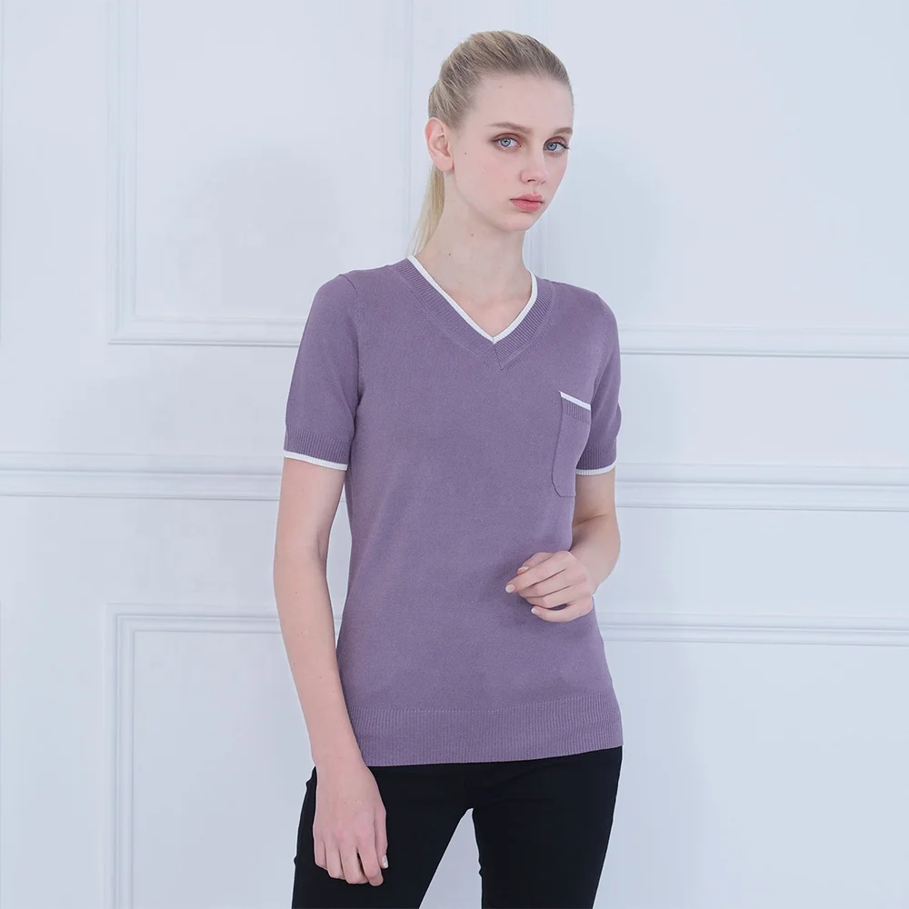 
2020 Best Quality O-neck Slim knit blouse Women Elastic solid color short Sleeve t shirt for women 