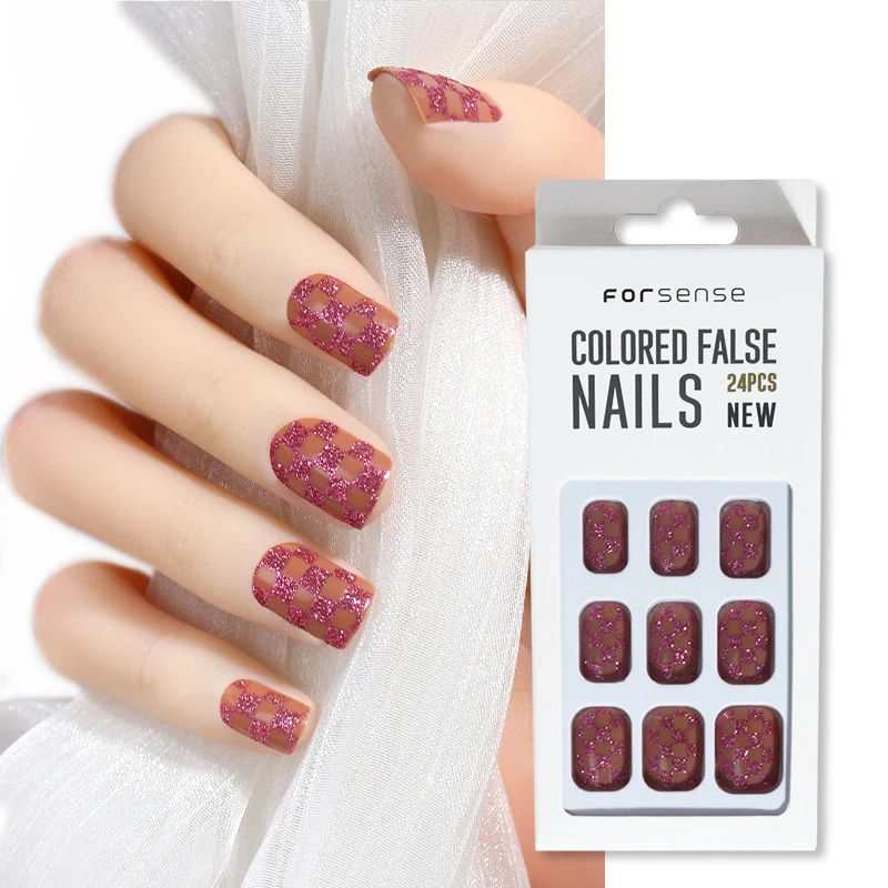 wholesale fall winter full cover short square press on nail glitter checker fake nail private label custom glue on nail stick on
