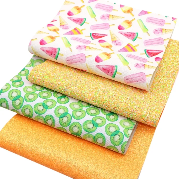 4pcs/set Fruit Kiwi Popsicle Print Yellow Faux Leather Material Mix Glitter Sheets Synthetic Leather Fabric For Diy 1187519