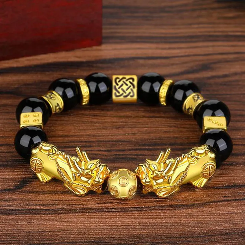 Chinese Lucky Bracelets Gold Plated Beads Feng Shui Black Obsidian Wealth Bracelet