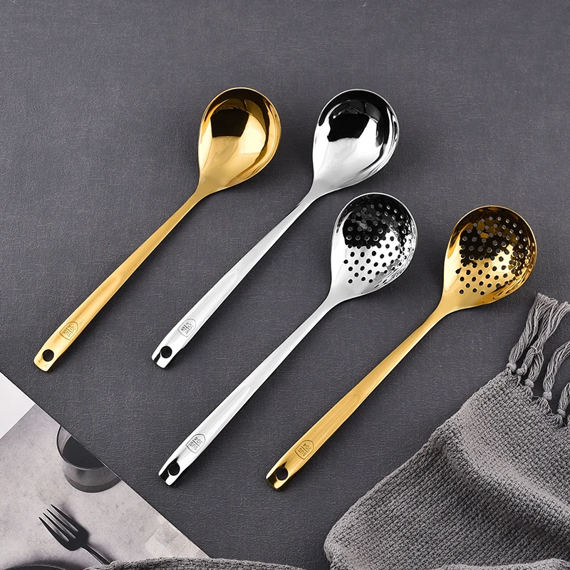wholesale Kitchen Accessories golden Stainless Steel Kitchen soup spoon ladle slotted spoon ladle