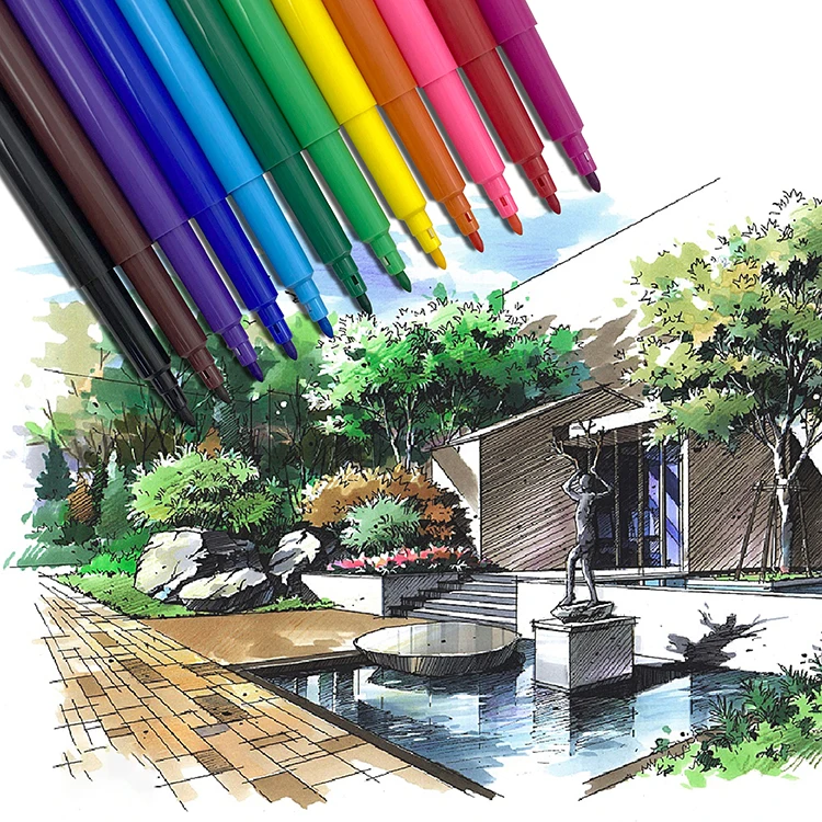 Supplier custom non-toxic washable 12 colors 2 mm fine tip children colored drawing water color marker pen for kids with logo