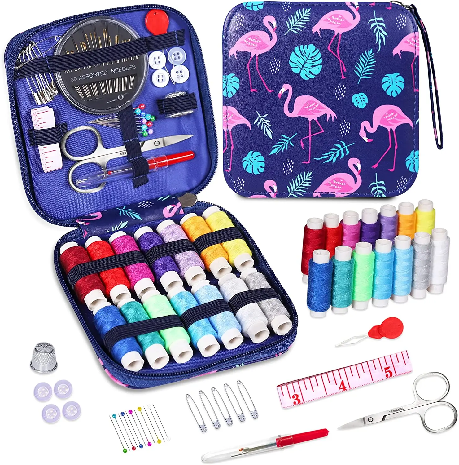 Mini 69pcs  Purple Flamingo Sewing Kit for Beginner,Home Travel and Emergency Sewing Supplies, Contains 14Pieces 75m Spools
