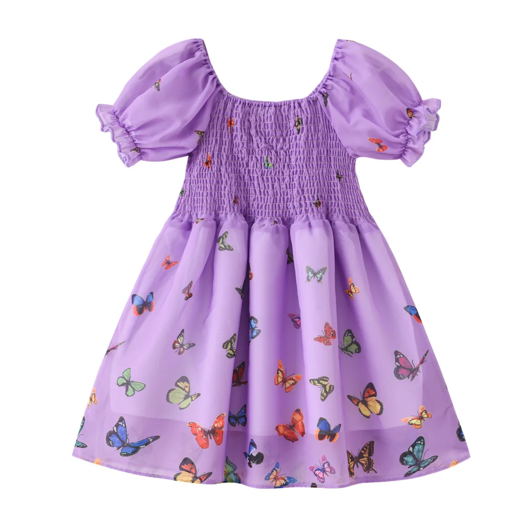 
2021 New Chiffon Butterflies Printed Dress Sweet Princess Skirt Puffy Sleeves Summer Casual Girls Dresses 