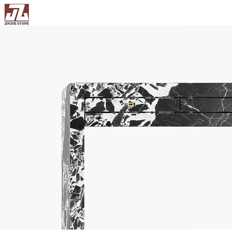 Modern Black Console Table with Travertine Handcrafted Bench Casual Fashion Design featuring Marble Table Top