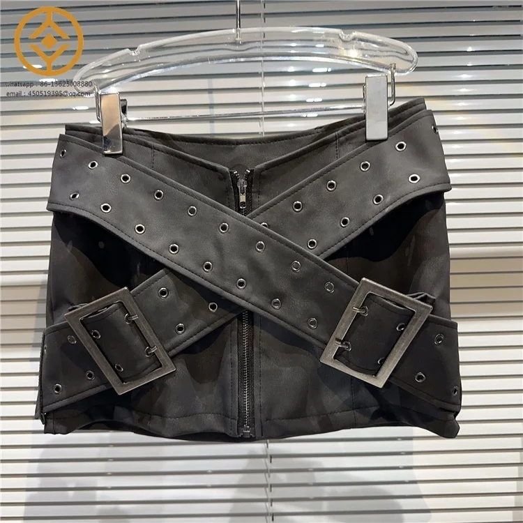 2023 Autumn New Explosive Street Style Cross Wide Belt Calculation Matte Leather Spicy Girl Short Skirt Wrapped Hip Skirt