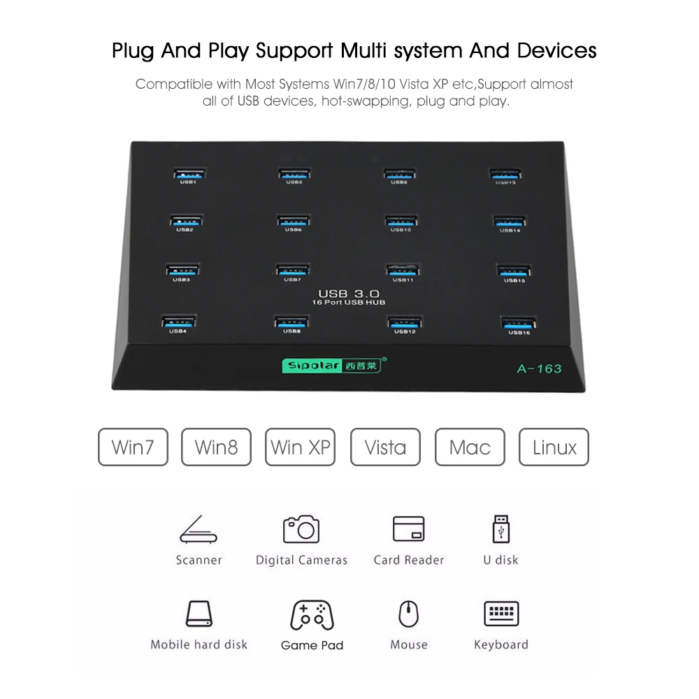 16 in 1 USB 3.0 Hub duplicator  Splitter 25W Power Adapter 16 Ports USB Hub for U disk for PC Computer Accessories