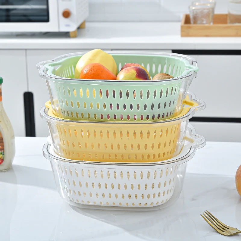 Home kitchen double-layer multi-functional vegetable and fruit washing basket PET  plastic drain basket with handle