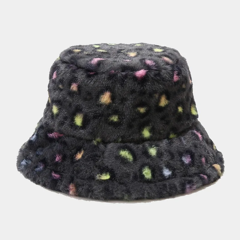 Wholesale Fashion Leopard Printed Pattern Warm Winter Faux Fur Furry Bucket Hat Fluffy Plush Fisherman Cap