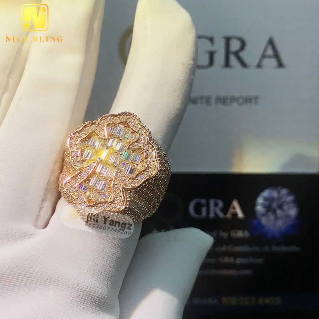 Insta Popular Baguette Cut Cross Ring vvs moissanite Championship Ring sterling silver rings for men hip hop Rock Fine Jewelry