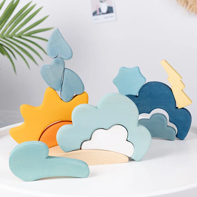 Kids Wooden Toys Weather Stacker Blocks Baby Creative Cloud Snow Sun Lightning Droplet Block Educational Toy
