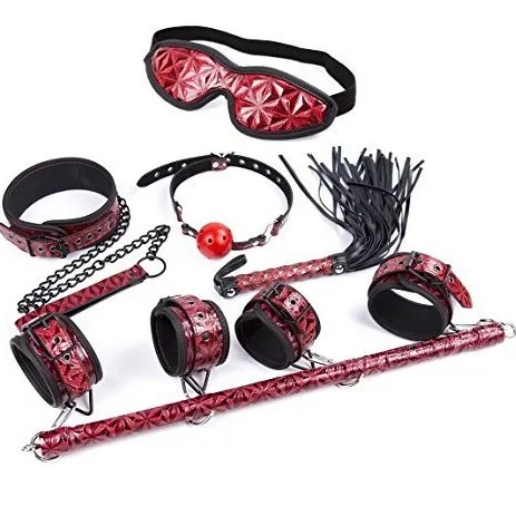 SM Fun Suit Adult Products Diamond Pattern Leather Whip Eye Mask Mouth Ball Neck Sleeve Hand & Footcuffs with Iron Pipe Women