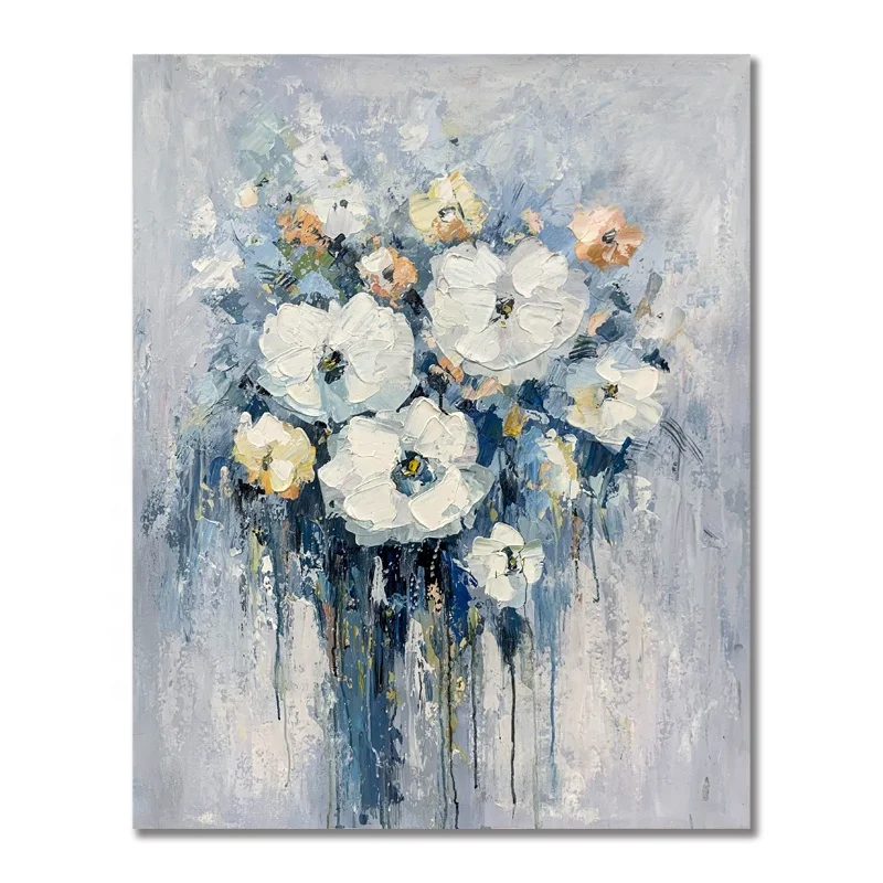 Handmade White and Bule Flowers Painting Wall Pictures for Living Room