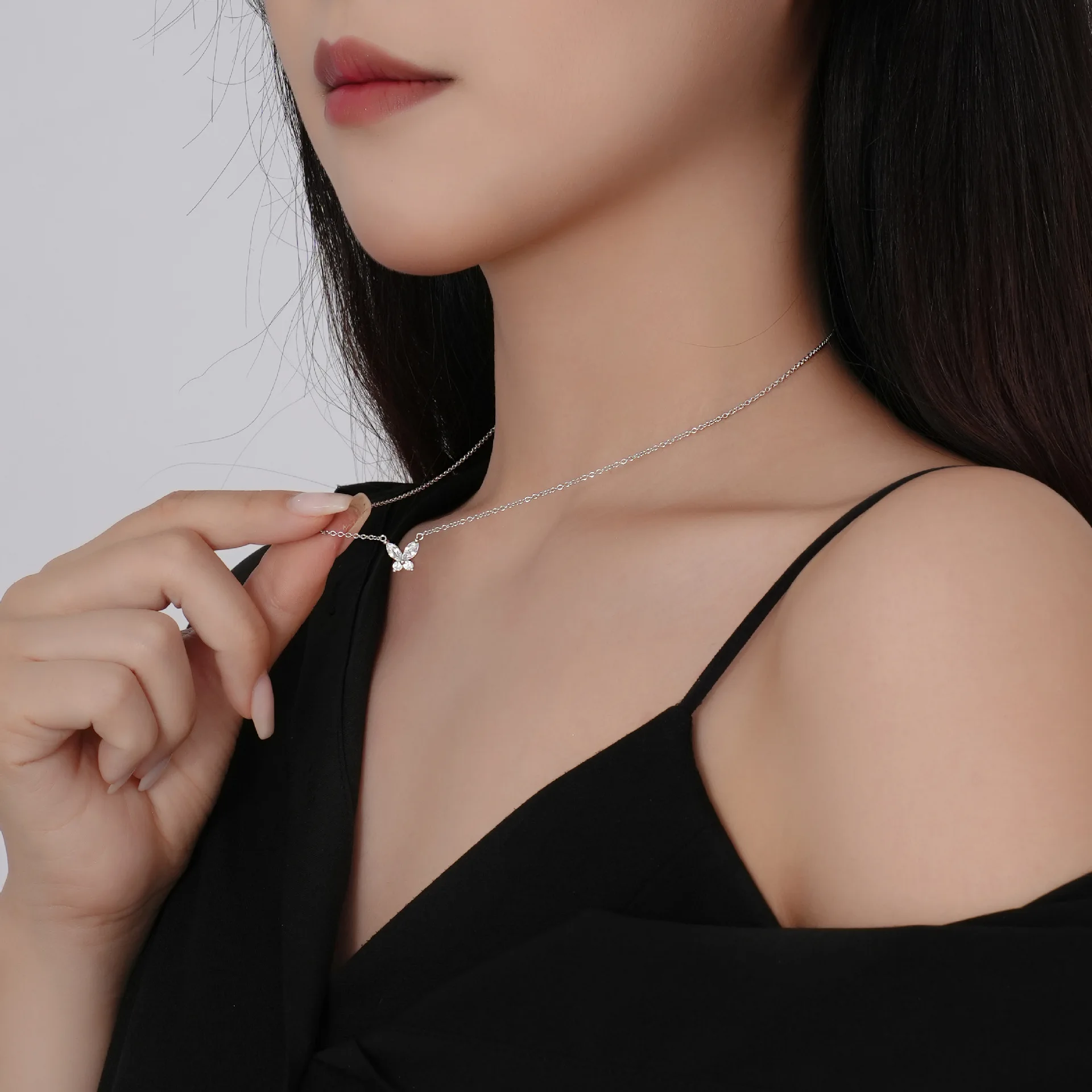 Women 18k Gold Plated Fine Jewelry 925 Sterling Silver Geometric Circle Water Drop Cubic Zirconia Butterfly Pendant Necklace