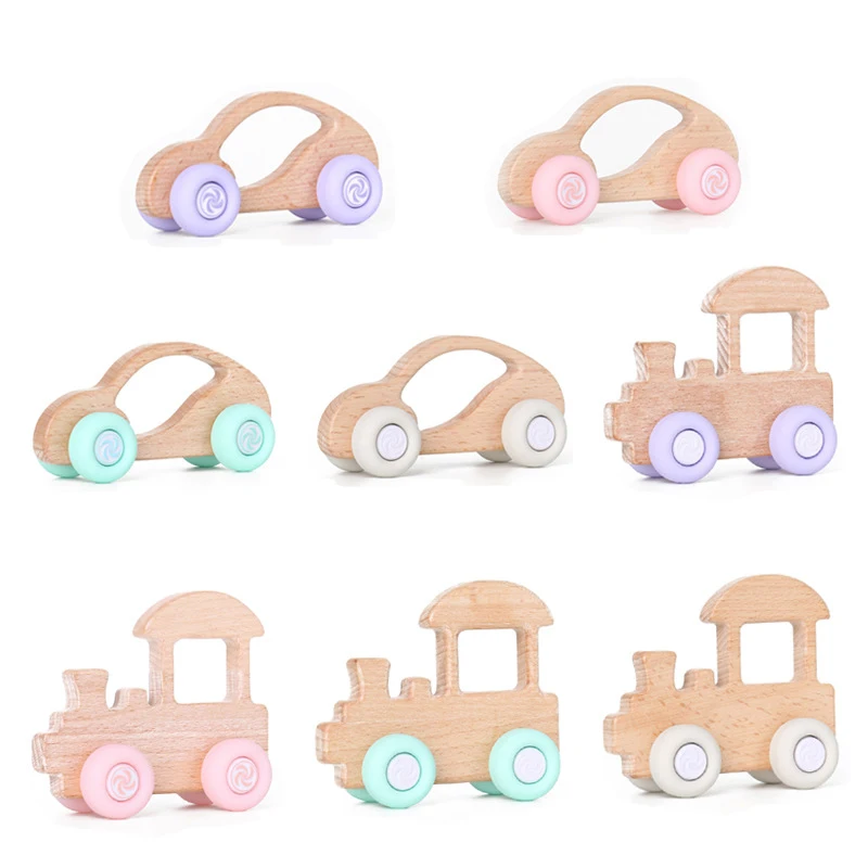 Custom Wholesale Silicone Teether Wood Car Shape Bpa Free Luxury Wood Baby Teether With Silicone Wheels For Infants