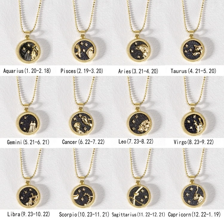 Day And Night Gold Plated Coin Shaped Charm Horoscope Astrology Pendant Women 12 Zodiac Sign Necklace Jewelry