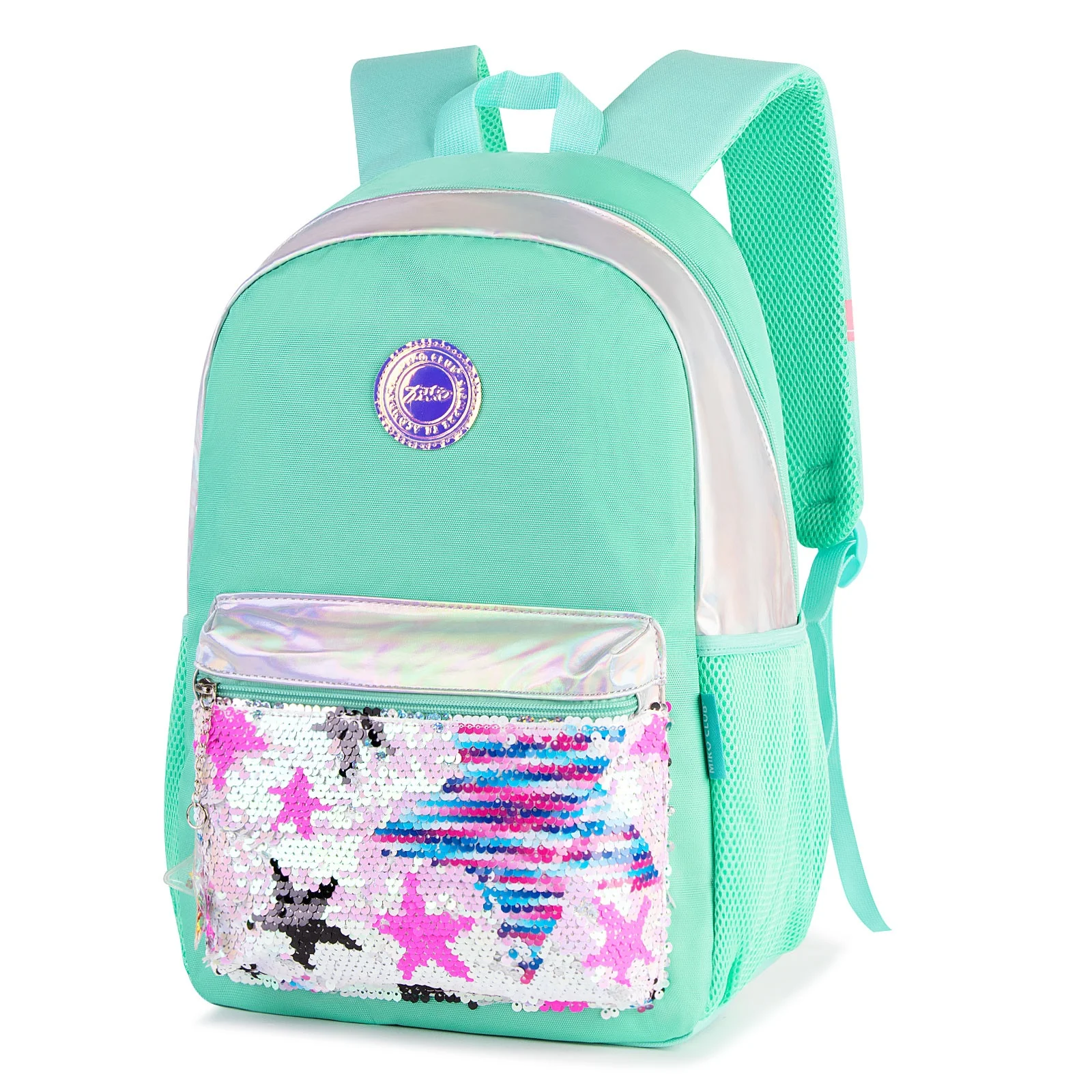 Street Fashion 15 Inch Green Sequin Stars Teenagers Children Kid Backpack School Bags Girls