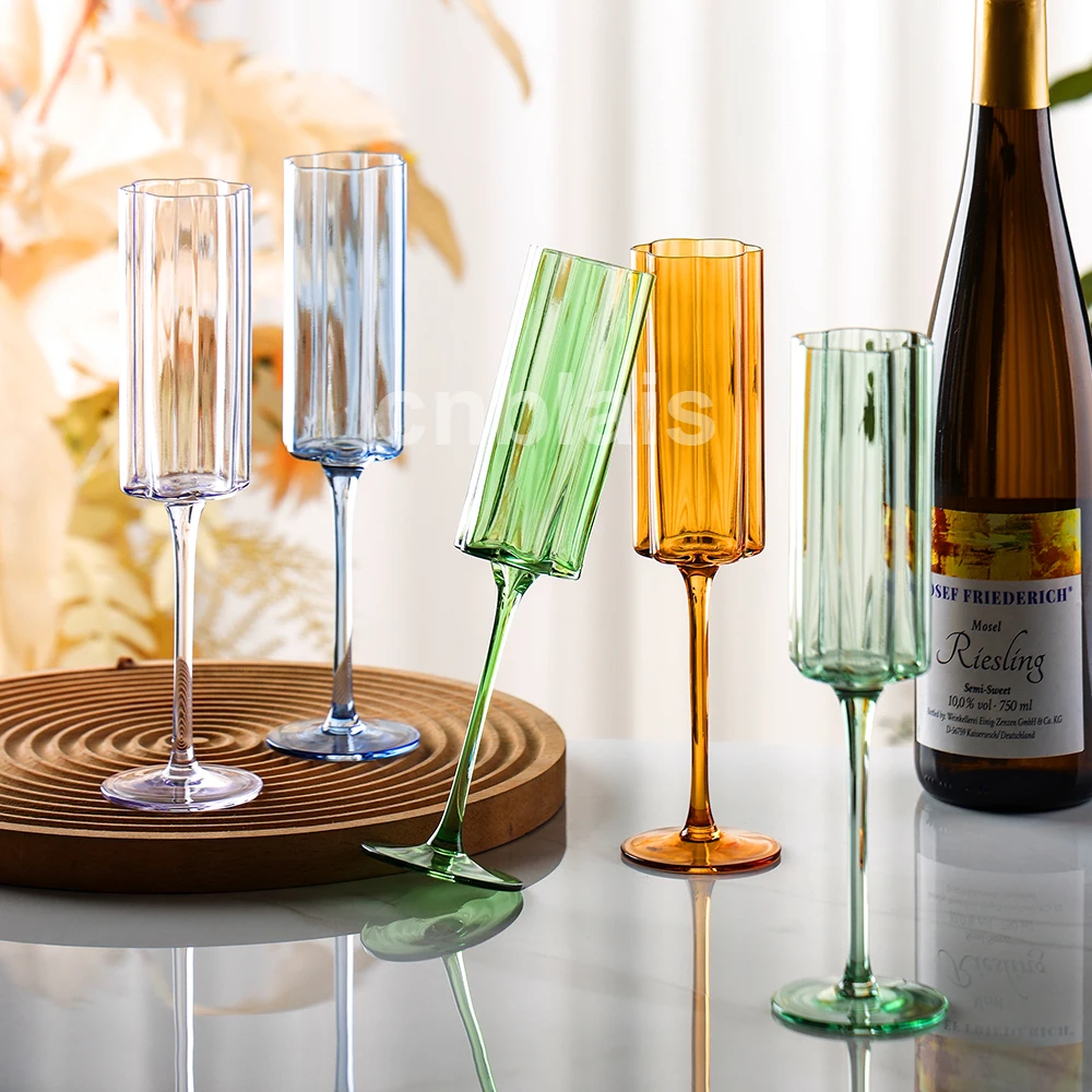 luxury crystal glass clear pink green teal blue black amber vertical stripes wine goblet champagne flute for wedding party