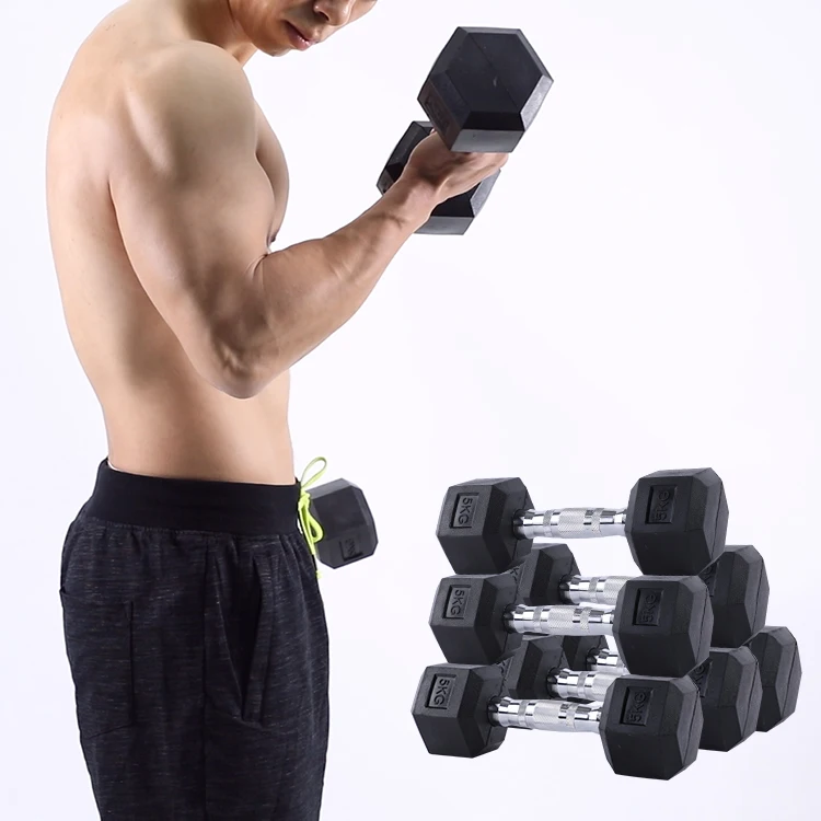 Wavar 10kg gym training equipment rubber coated 5 kg dumbbell steel in lbs hexagon hex dumbbells rubber sets