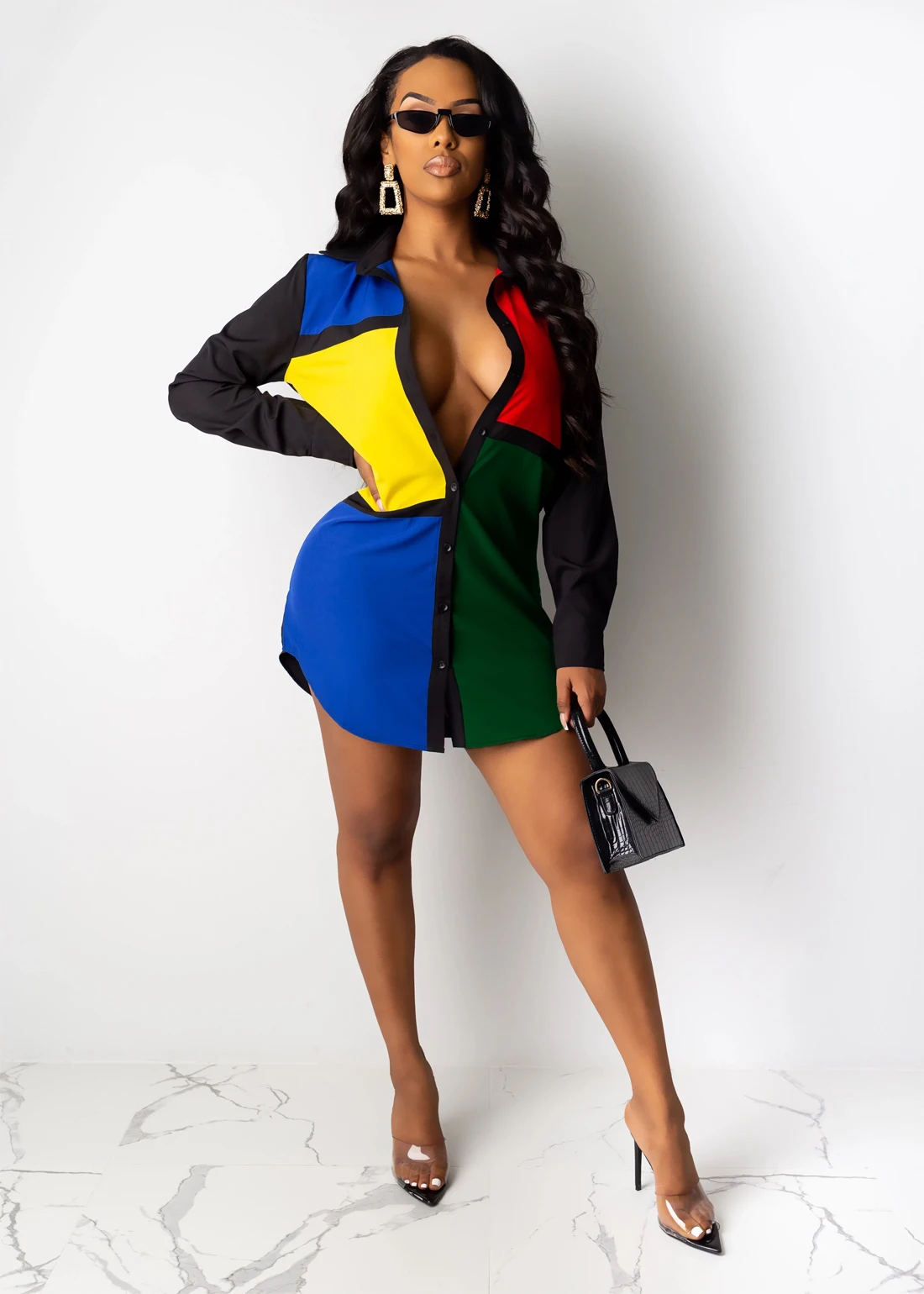 High Quality four-color  Print  Mini Dress Colour contrast skirt