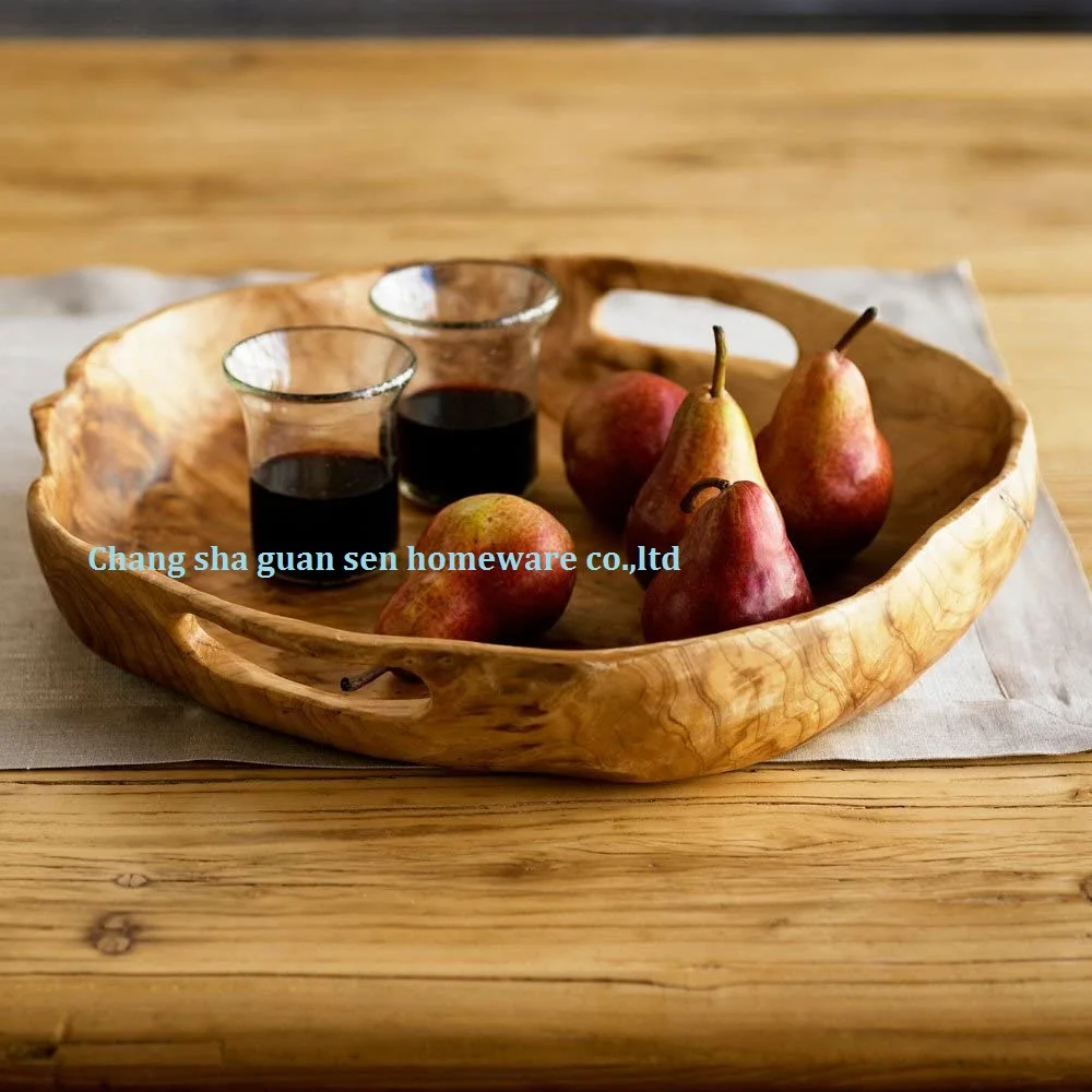 hand carved Durable design Natural Root food fruit wood bowl with handles