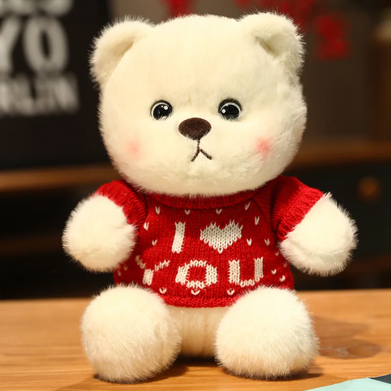 23cm Super Soft White Sitting Teddy Bear with Sweater Soft Stuffed Plush Bear Toy Gift for Kids, Girlfriend, Birthday