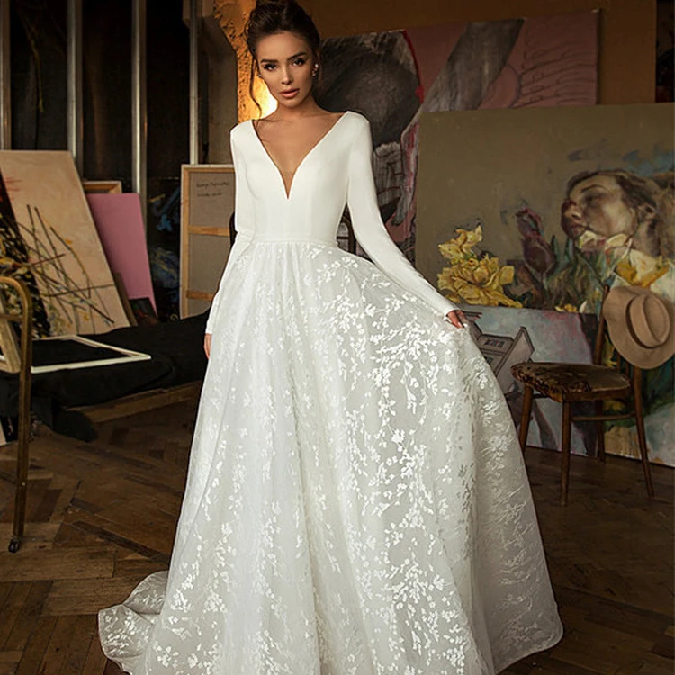Luxury long sleeves elegant farewell evening dress white backless lace wedding dresses