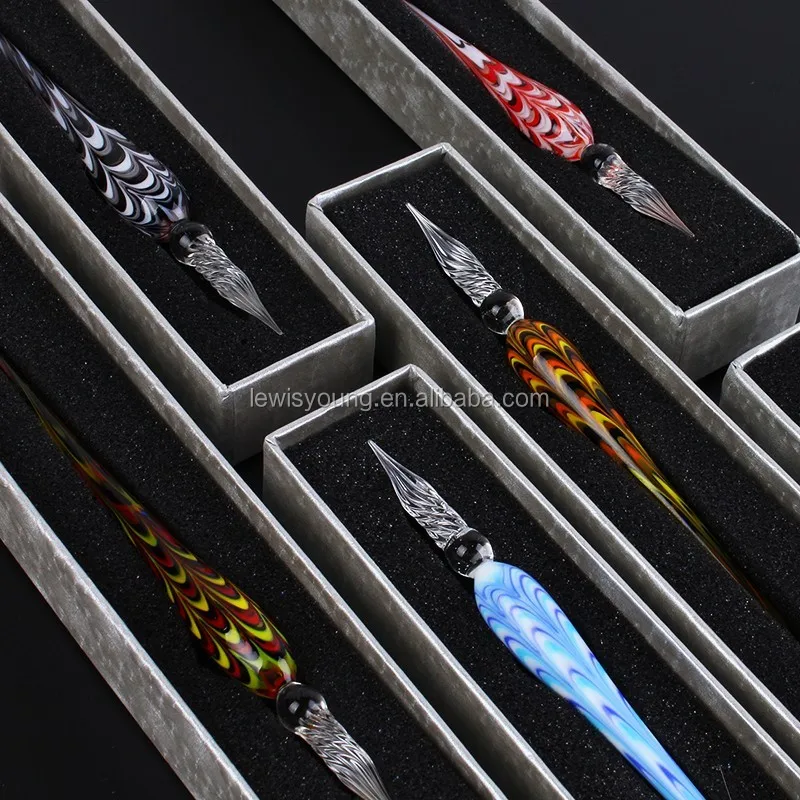 Wholesale Ribbon Glass Dip Pen Glass Handmade Peacock Tail Spiral Nib Tip Dip Pen with Penholder for Office Tableware Decor
