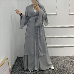 2022 New Arab Dubai 3 Layers Open Abaya Islamic Dresses Dubai Muslim Abaya Modern Islamic Front Open 3 Layers Abaya