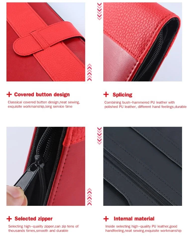 Custom Red PU Leather Snap A4 Document Folder,Padfolio With Calculator for Promotion Gift,Zippered Padfolio For Women Leather
