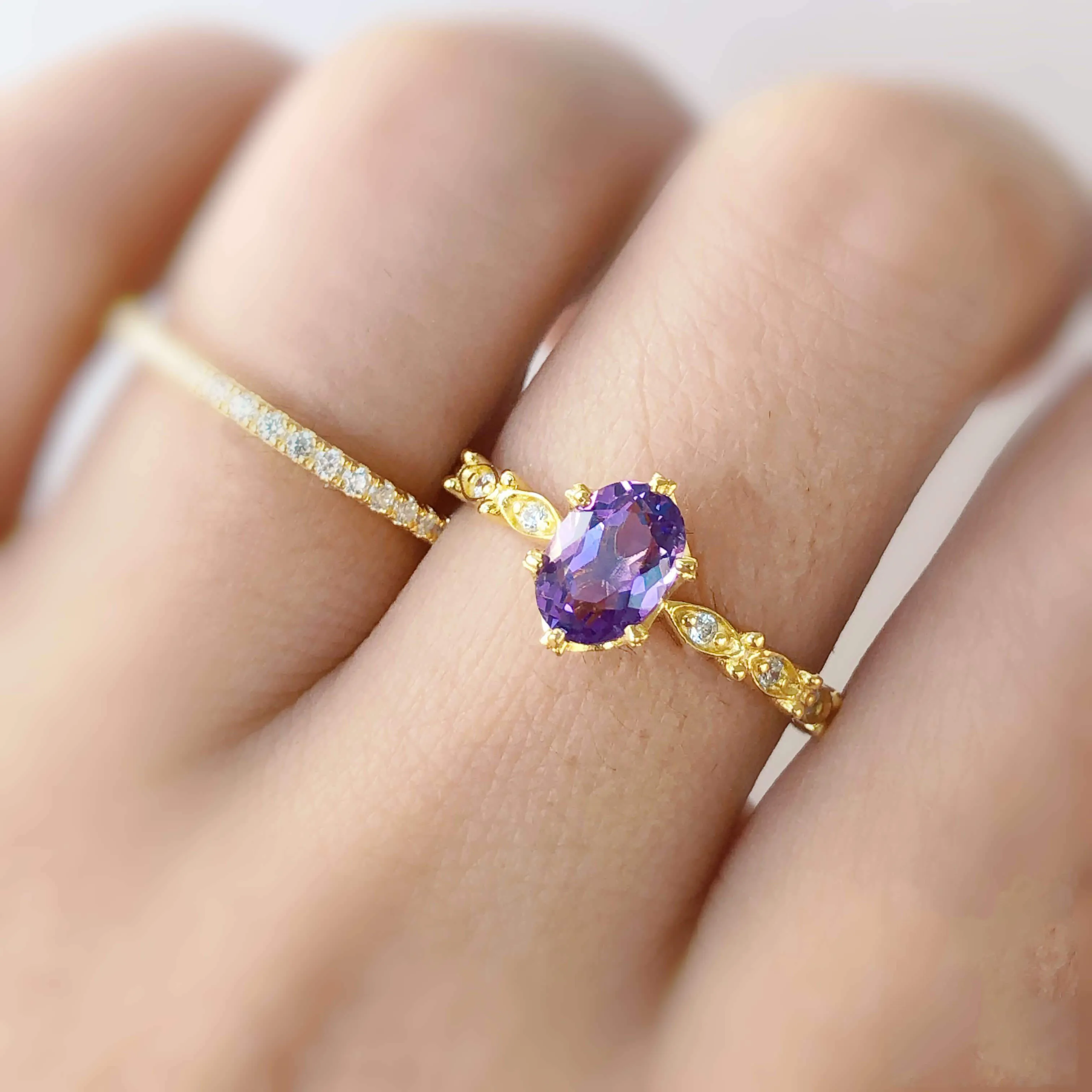 14K Gold 925 Sterling Silver CZ Jewelry Natural Stone Dainty Amethyst Ring For Women