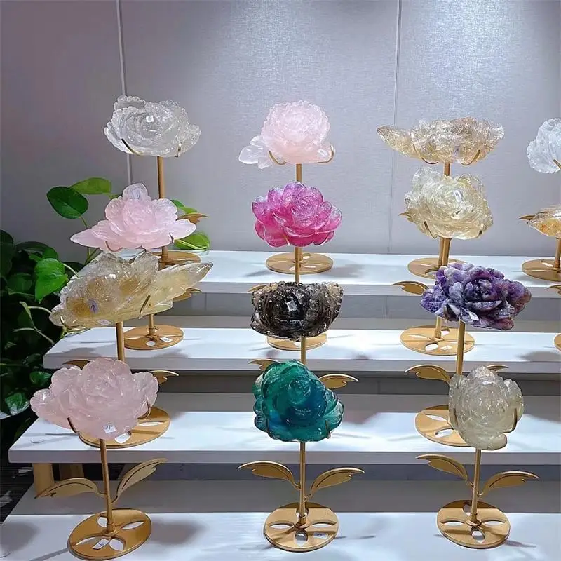 Natural Clear Quartz Peony Flower Crystal Rose Quartz Flowers Carvings Chakra Healing With Metal Stands For Home Decoration