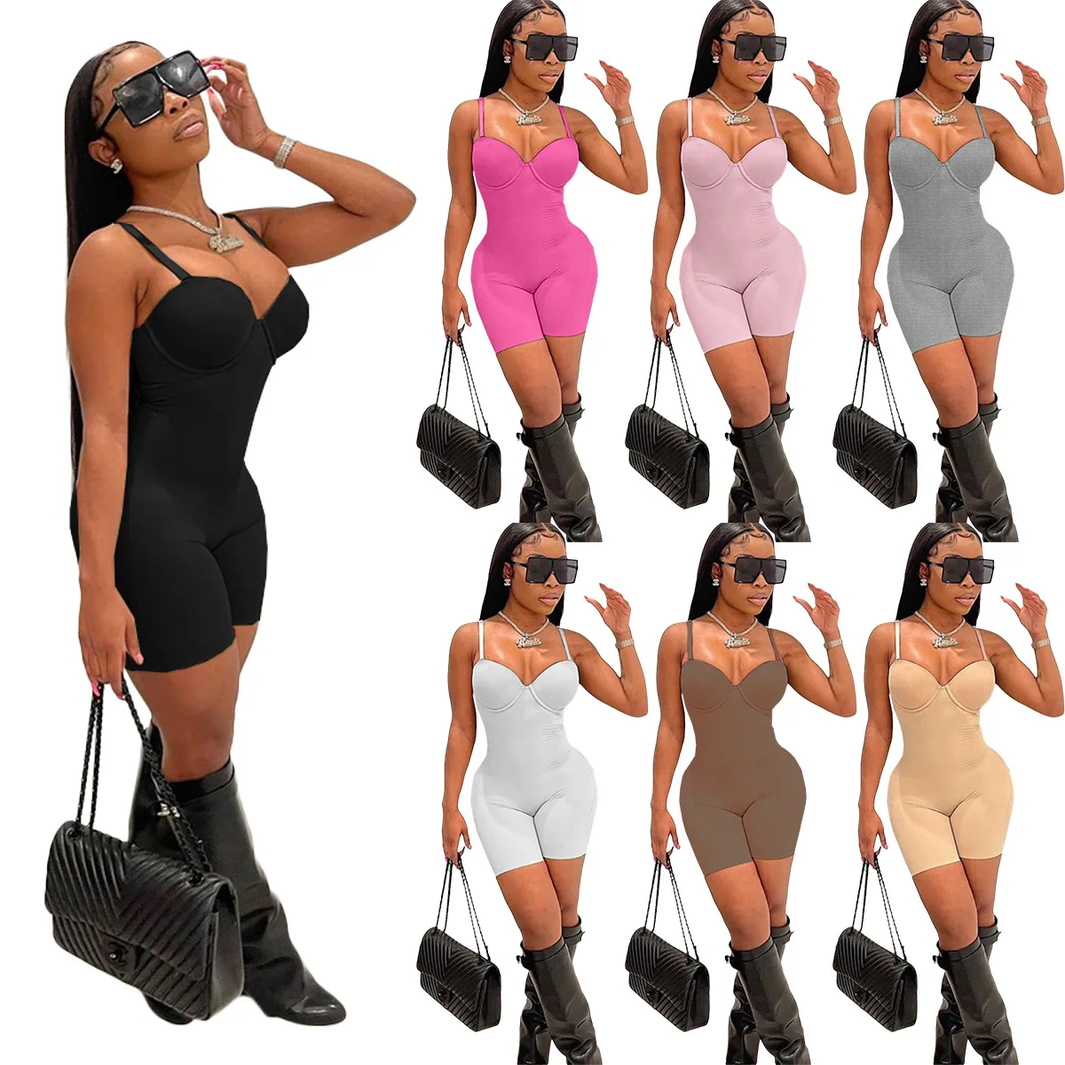 2023 Lady Jumpsuit Playsuit & Bodysuits Bodycon Spring Summer Short Halter One Piece Sexy Sleeveless Rompers Woman Jumpsuit