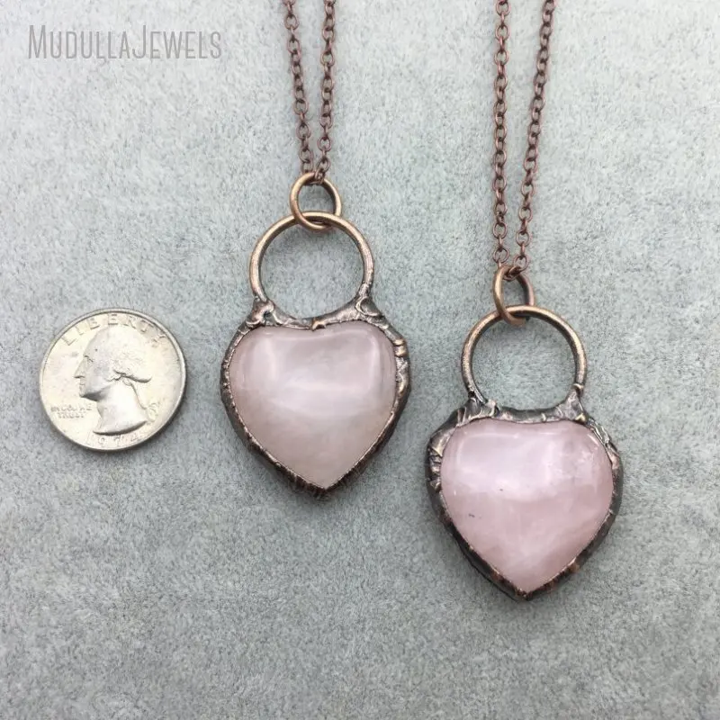 NM35254 Heart Stone Pendant Soldered Rose Quartz Crystal Heart Necklace Copper Plated Jewelry Valentines Day Gift