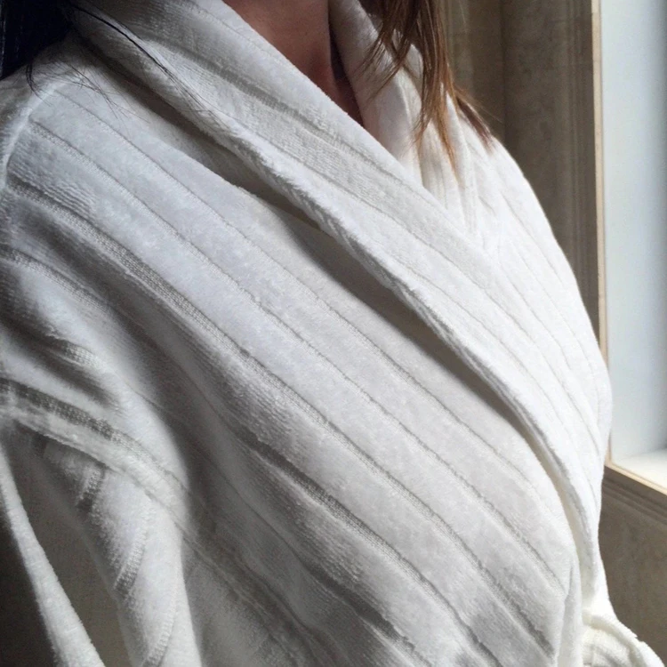 white hotel spa bath robe custom embroidery logo unisex cotton terry velour stripe bathrobes/ribbed robes