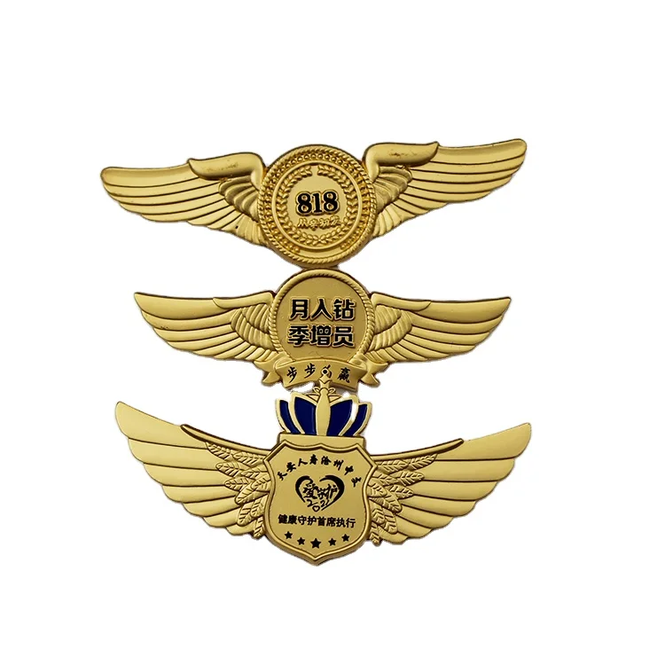 
Zinc alloy relief 3D gold plated airline badge souvenir pilot wing paint craft laser lettering 