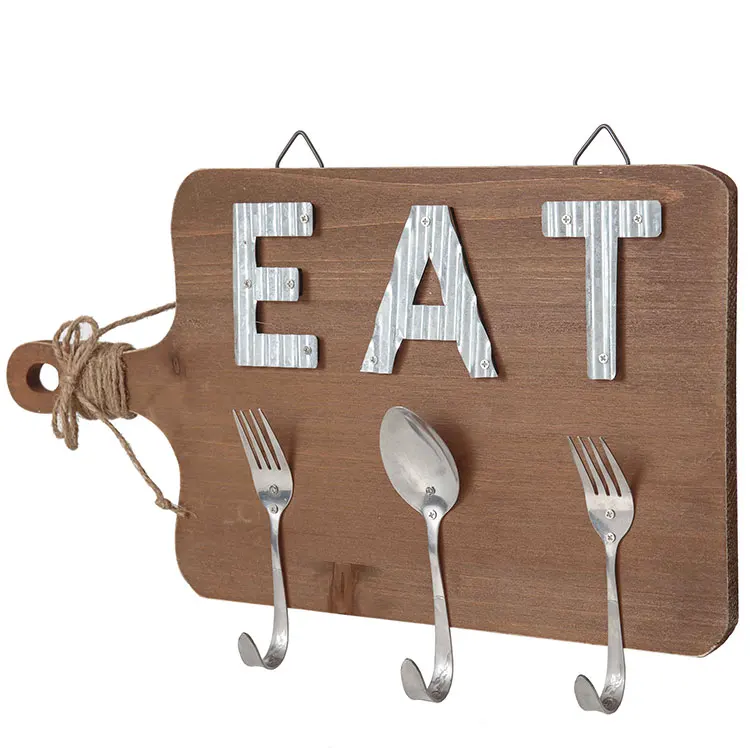 EAGLEGIFTS Chopping Board Shape Hanging Plank Printed Farmhouse Kitchen Wall Decor Rustic coffee Sign with Tableware Hooks